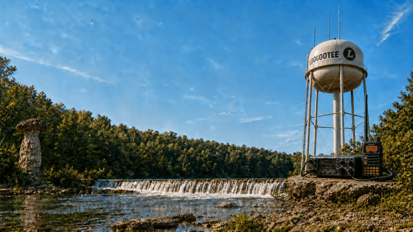 Hindostan Falls, Jug Rock, the accurately lettered Loogootee water tower and its antenna masts, and Yaesu amateur radio equipment